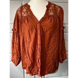 Knox Rose Rust Brown Peasant Blouse Bohemian Lace Trim Button Front Top‎ Size MD